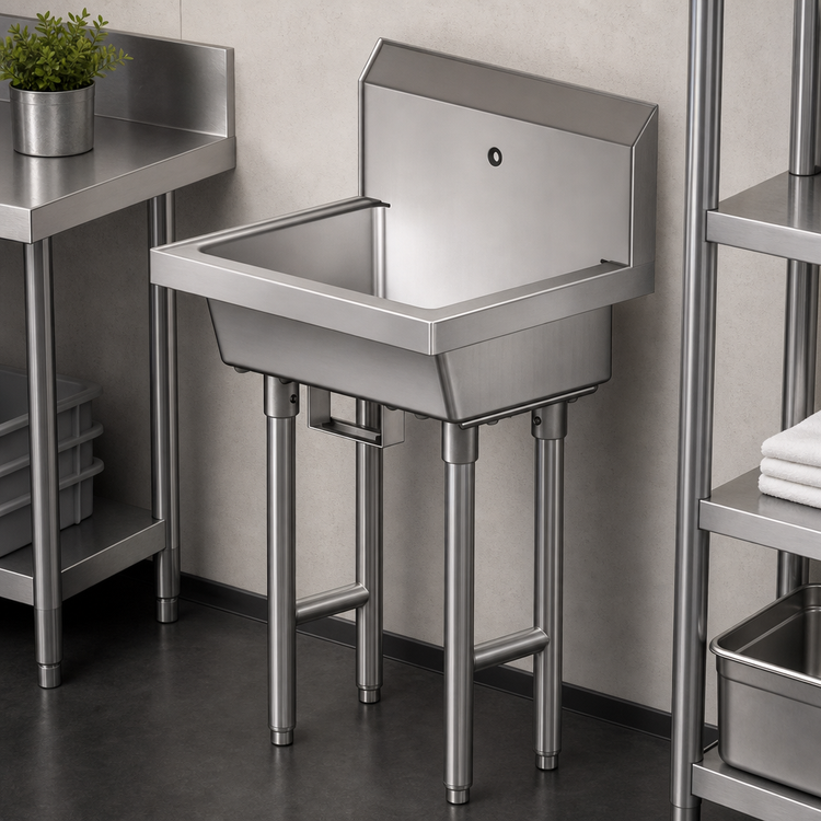 Product image #3 for BK Resources Freestanding Single-Station Stainless Steel Handwash Sink with Single-Hole Splash Mount and Knee Valve Bracket, 24 x 19-7/8 x 8 Inch Bowl