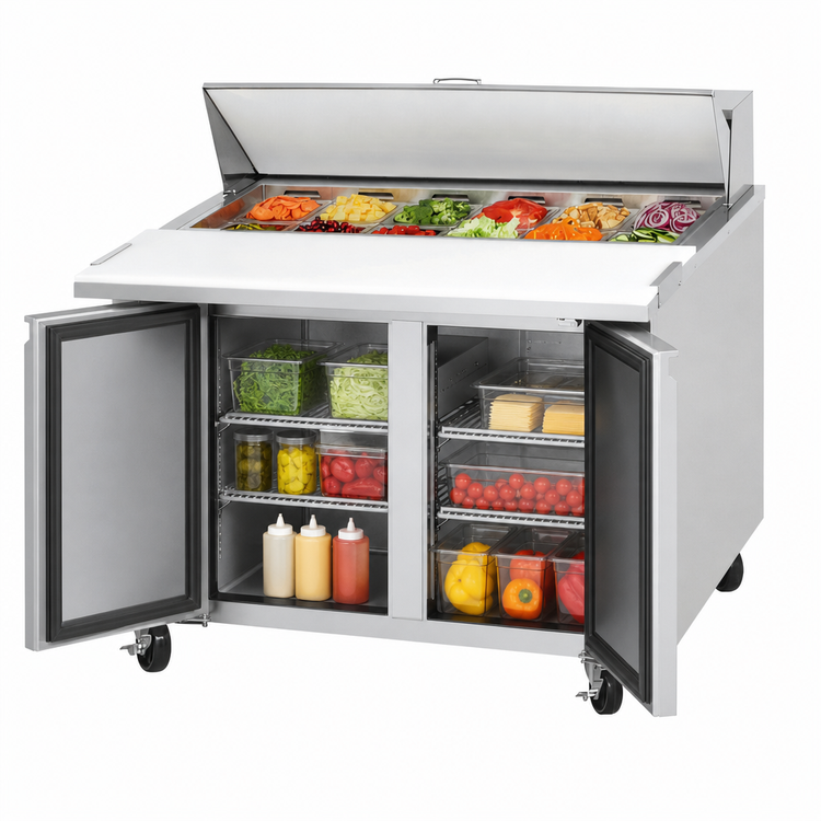 Product image #3 for Everest Refrigeration EPR2 Two-Section Sandwich Prep Table, 47-1/2 Inch Wide, Side-Mounted Self-Contained Refrigeration