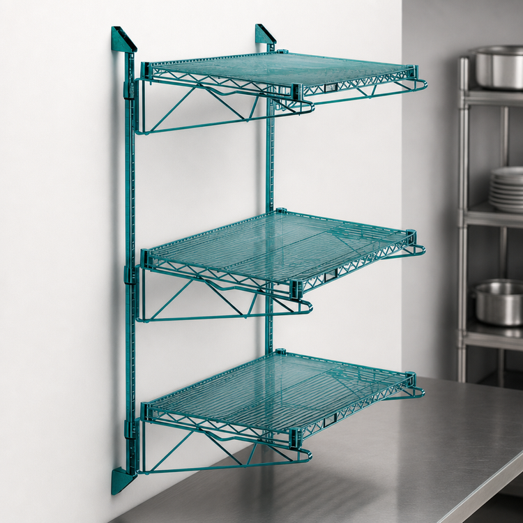 Product image #3 for Quantum Cantilever Wall-Mount Shelving Starter Unit with 3 Wire Shelves, Green Epoxy Antimicrobial Finish