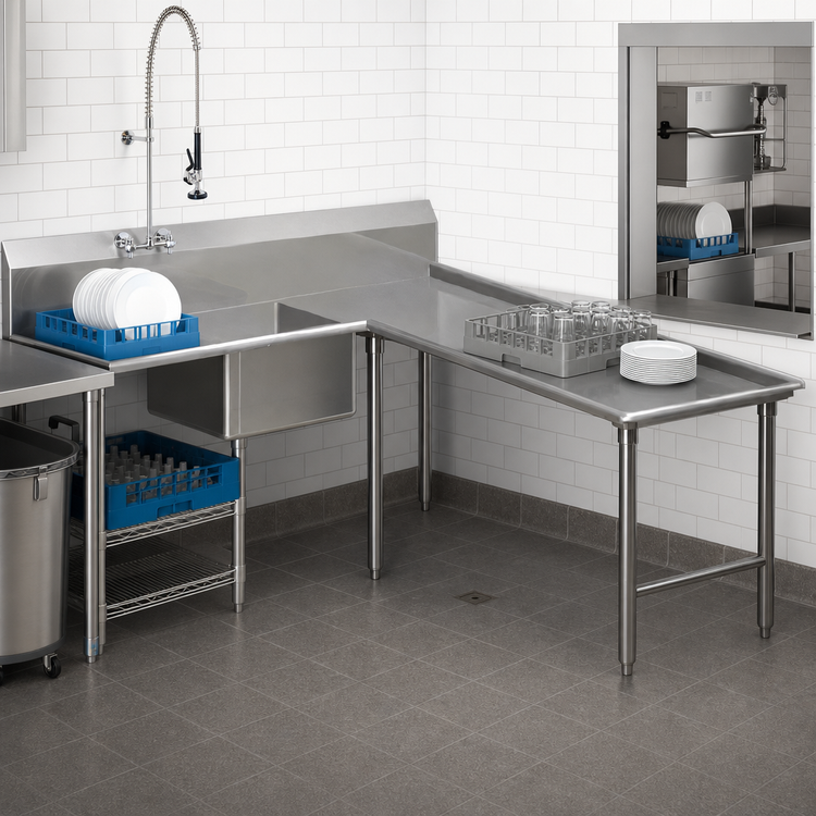 Product image #3 for John Boos Pro-Bowl Island L-Shaped Soiled Dishtable with Pre-Rinse Sink, 60" Machine-to-Corner x 144" Corner-to-End