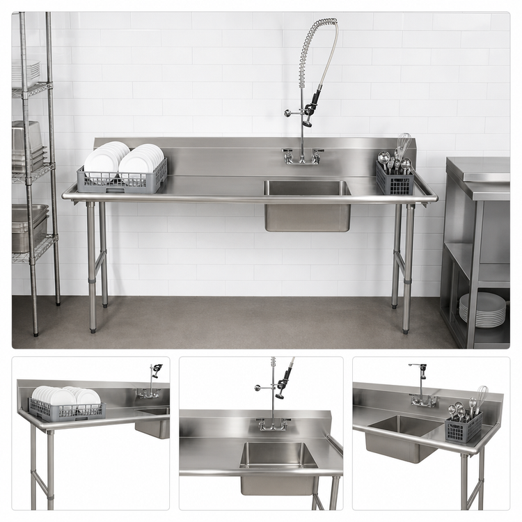 Product image #3 for BK Resources 72 Inch Straight Left-to-Right Soiled Dish Table with 20 x 20 x 8 Inch Pre-Rinse Sink and Faucet