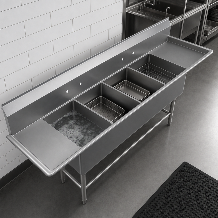 Product image #3 for John Boos Pro-Bowl 4-Compartment Stainless Steel Sink with Left & Right 24-Inch Drainboards, 18 x 18 x 14-Inch Bowls