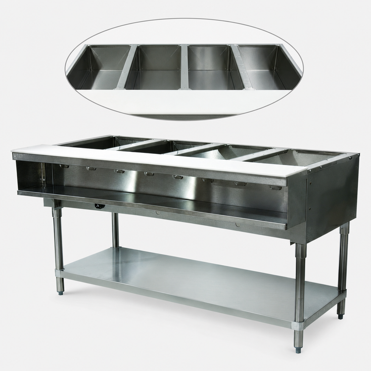 Product image #3 for Advance Tabco Triumph Supreme 4-Well LP Gas Water Bath Hot Food Table with Open Base and Undershelf