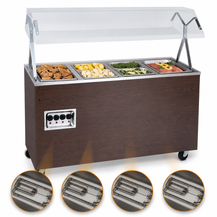 Product image #3 for Vollrath 2-Series Affordable Portable 4-Well Lighted Buffet Hot Food Station with Enclosed Base, Walnut Woodgrain, 120V