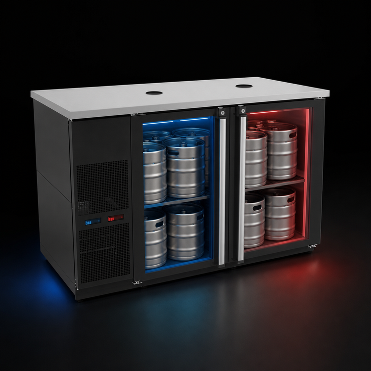 Product image #3 for Pro-Line E-Series Dual Temperature Wine Cooler Dispenser, Two-Section, 8-Keg, 59-1/2 Inch W, Self-Contained Refrigeration, Black