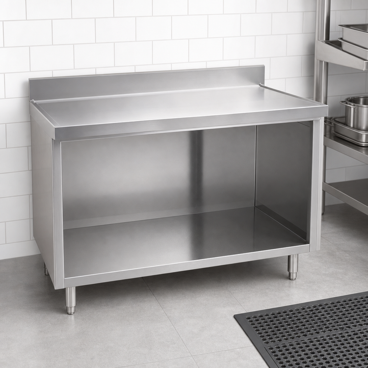 Product image #3 for Spec-Master Marine Series Stainless Steel Work Table with Open Front Cabinet Base, 84 Inch x 30 Inch, 4-1/2 Inch Backsplash