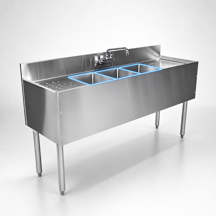Product image #3 for CHOICE by Glastender Three-Compartment Stainless Steel Underbar Sink Unit with Dual Drainboards, 60-Inch W x 19-Inch D