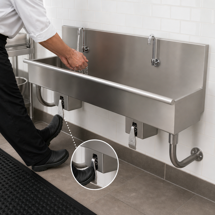 Product image #3 for Advance Tabco 40-Inch 2-Station Wall Mounted Knee-Operated Hand Wash Sink with Tubular Supports