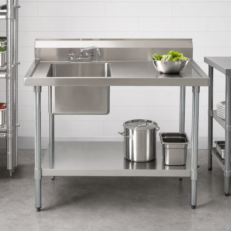 Product image #3 for BK Resources 60-Inch x 30-Inch Stainless Steel Sink Work Table with Left Prep Sink and Undershelf