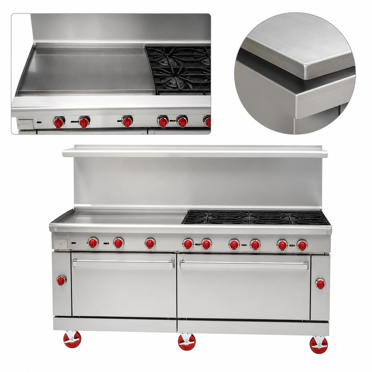 Product image #3 for American Range 72-Inch Gas Restaurant Range with 36-Inch Griddle, 6 Open Burners, and 2 Storage Bases