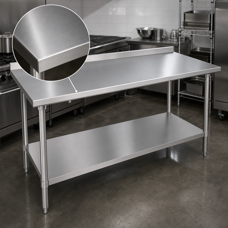 Product image #3 for Duke 120-Inch x 30-Inch Stainless Steel Work Table with 1-1/8-Inch Straight Riser and Stainless Undershelf