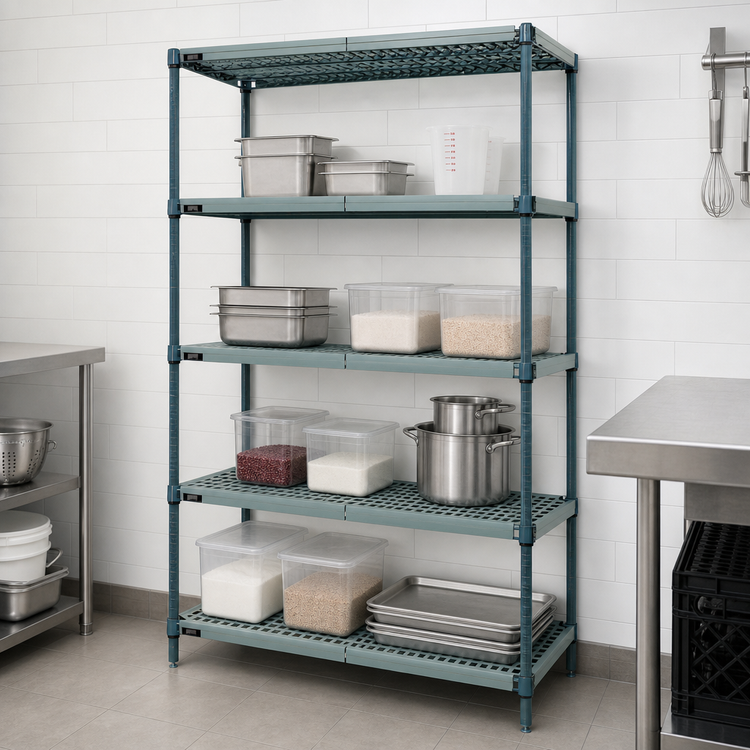 Product image #3 for Quantum 4-Tier Stationary Wire Plastic Mat Shelving Unit, 42W x 21D x 86H, Green Epoxy