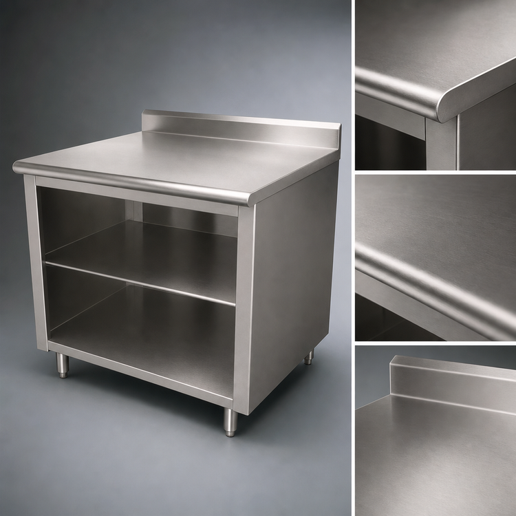 Product image #3 for Advance Tabco 48-Inch x 36-Inch Work Table with Open Front Cabinet Base, Mid-Shelf, 14 Gauge 304 Stainless Steel Top, and 5-Inch Backsplash