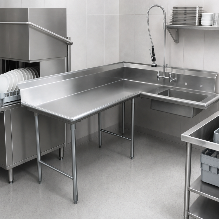 Product image #3 for Advance Tabco Korner-Soil L-Shaped Left-Hand Dish Table with Pre-Rinse Sink, 59-Inch, 14 Gauge 304 Stainless Steel