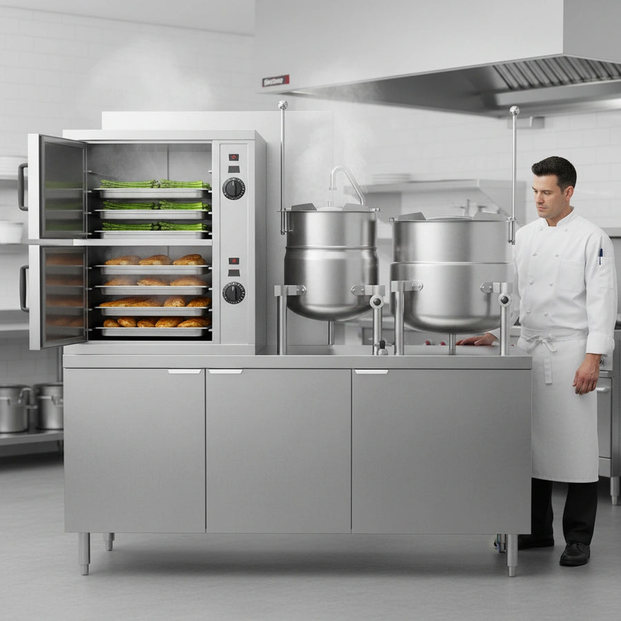 Effortlessly steam different dishes simultaneously with the dual independent compartments, each accommodating five full-size pans.