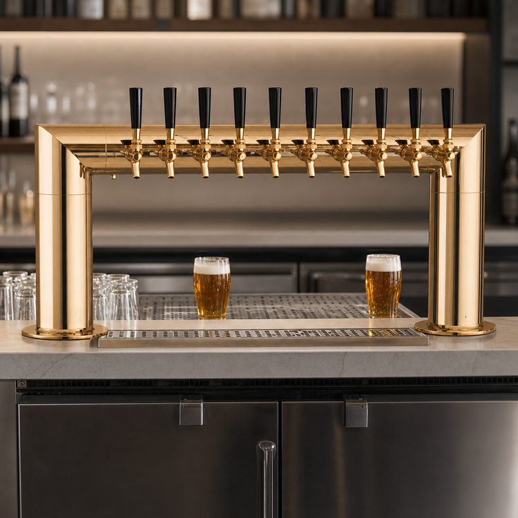 Product image #3 for Perlick Pass-Thru Glycol-Cooled Countertop Draft Beer Tower, 46 Inch W x 14 Inch H, 10 Faucets, Tarnish-Free Brass Finish