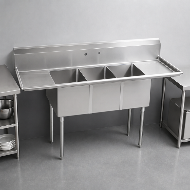 Product image #3 for BK Resources Three-Compartment Stainless Steel Sink with Left and Right Drainboards, 9-Inch Backsplash, 90-Inch Wide