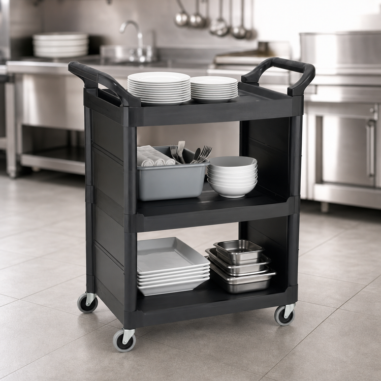 Product image #3 for Rubbermaid Commercial Products Three-Shelf Plastic Utility Bus Cart, Black, with 3-Inch Swivel Casters