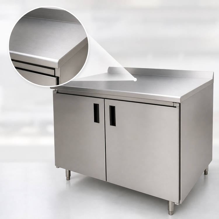 Product image #3 for Advance Tabco Enclosed Cabinet Base Work Table with Mid-Shelf and Hinged Doors, 120 x 36 Inch, 14 Gauge 304 Stainless Steel Top