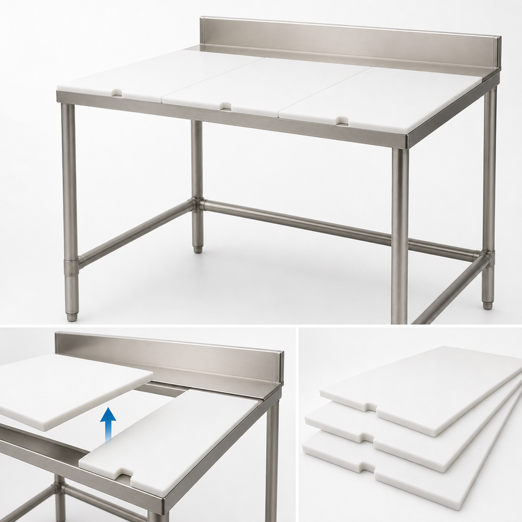 Product image #3 for Eagle Group 108 Inch x 30 Inch Boning Table with Removable Polymer Boards, Stainless Steel Frame, and 4 Inch Backsplash