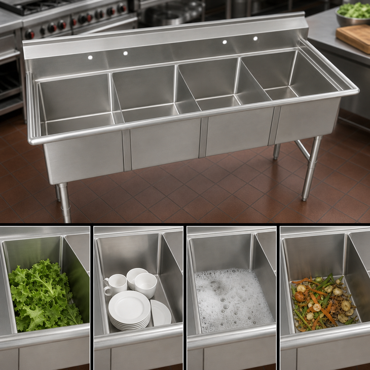 Product image #3 for Klinger's Trading Economy 4-Compartment Stainless Steel Sink Without Drainboards