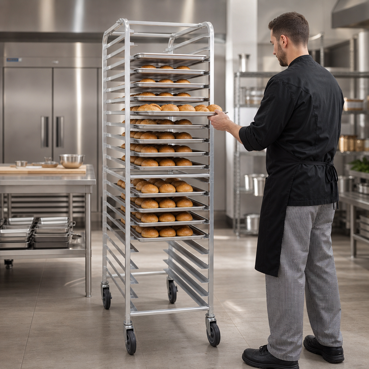 Product image #3 for 20-Tier Round-Top End-Load Aluminum Bun Pan Rack with 5-Inch Swivel Casters