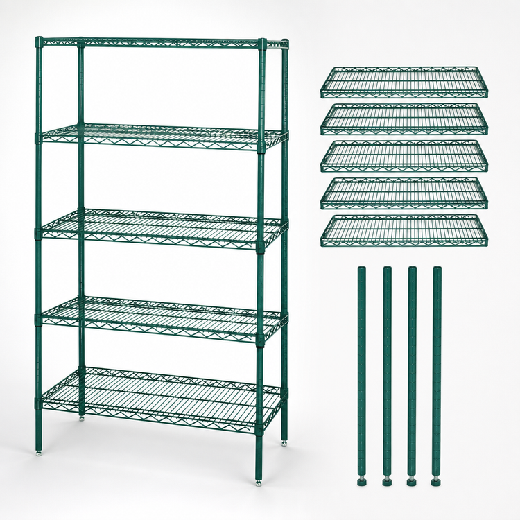 Product image #3 for Quantum Wire Shelving Starter Kit, 42 x 12 x 86 Inches, 5 Shelves, Green Epoxy Antimicrobial Finish