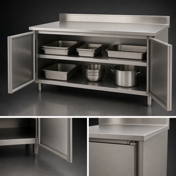 Product image #3 for Advance Tabco Special Value Enclosed Work Table with Cabinet Base and Hinged Doors, 120 in. W x 30 in. D, 16-Gauge 304 Stainless Steel Top, 5 in. Backsplash