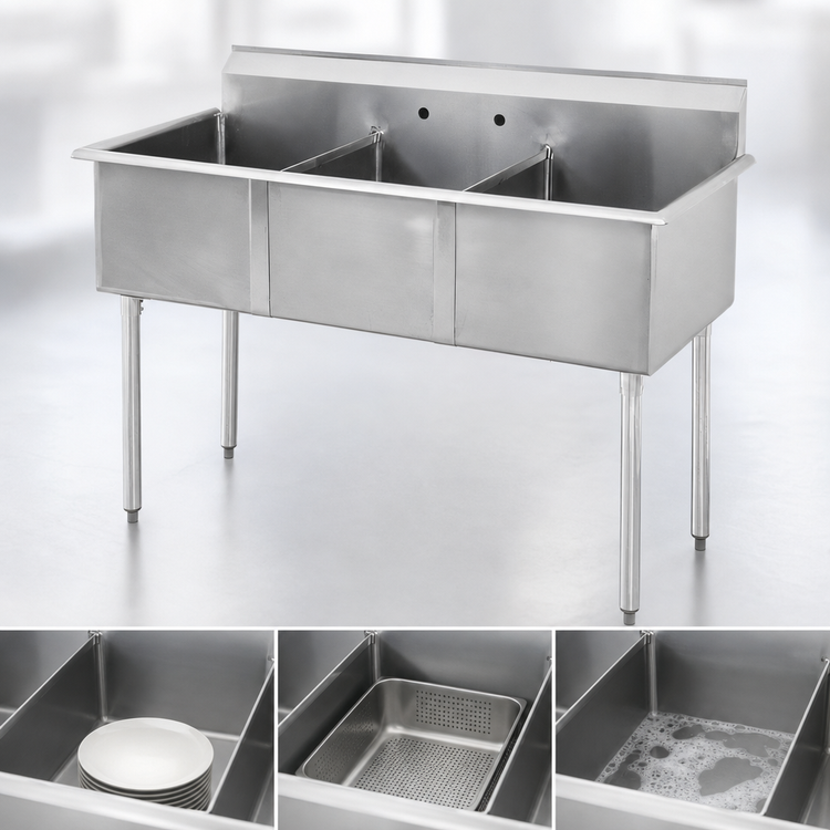Product image #3 for Sapphire Manufacturing SMSQ1221-3 3-Compartment Budget Sink, 39 Inch W x 24-1/2 Inch D, 18-Gauge 430 Stainless Steel