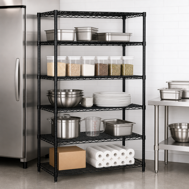 Product image #3 for Quantum Stationary Wire Shelving Starter Kit, 5 Shelves, 42W x 30D x 74H, Black Epoxy