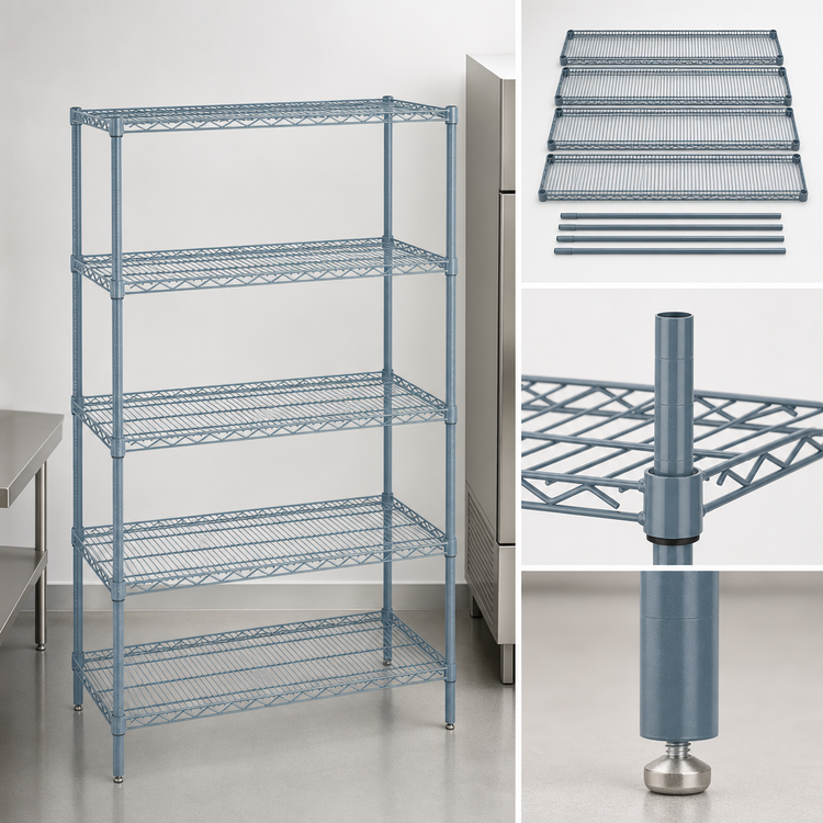 Product image #3 for Quantum 5-Shelf Stationary Wire Shelving Starter Kit, 48"W x 12"D x 86"H, Gray Epoxy Antimicrobial Finish