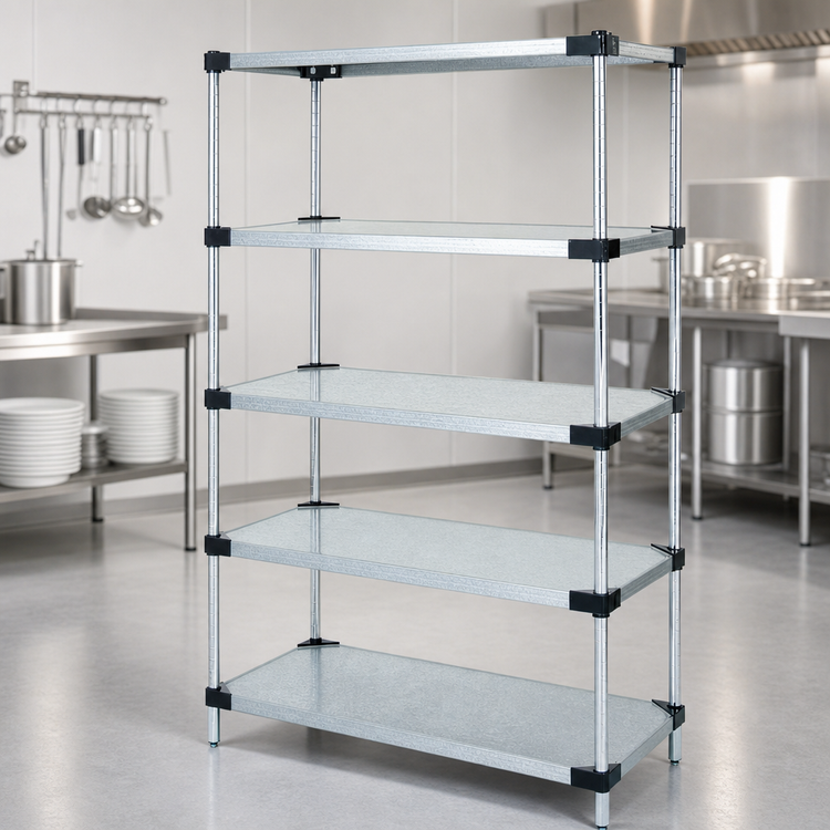 Product image #3 for Quantum Stationary Solid Shelving Starter Kit with 5 Solid Shelves, 72W x 18D x 74H, Galvanized Steel Shelves and Chrome Posts