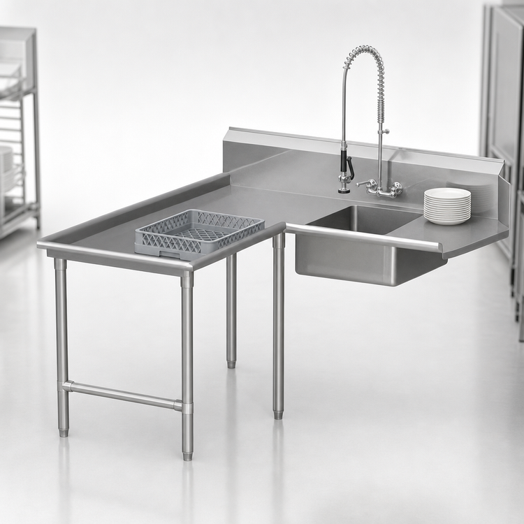 Product image #3 for John Boos Pro-Bowl L-Shaped Island Soiled Dish Table with 20" x 20" x 8" Pre-Rinse Sink, 60" x 60", Left-to-Right