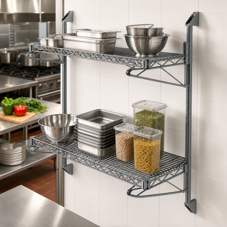 Product image #3 for Quantum Cantilever Double Shelf Post Wall-Mount Wire Shelving Unit, 48 x 18 Inches, Gray Epoxy Antimicrobial Finish