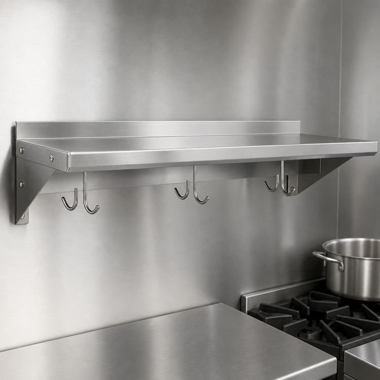 Product image #3 for BK Resources Premium T-304 18-Gauge Stainless Steel Wall-Mounted Pot Rack Shelf, 24-Inch W x 16-Inch D