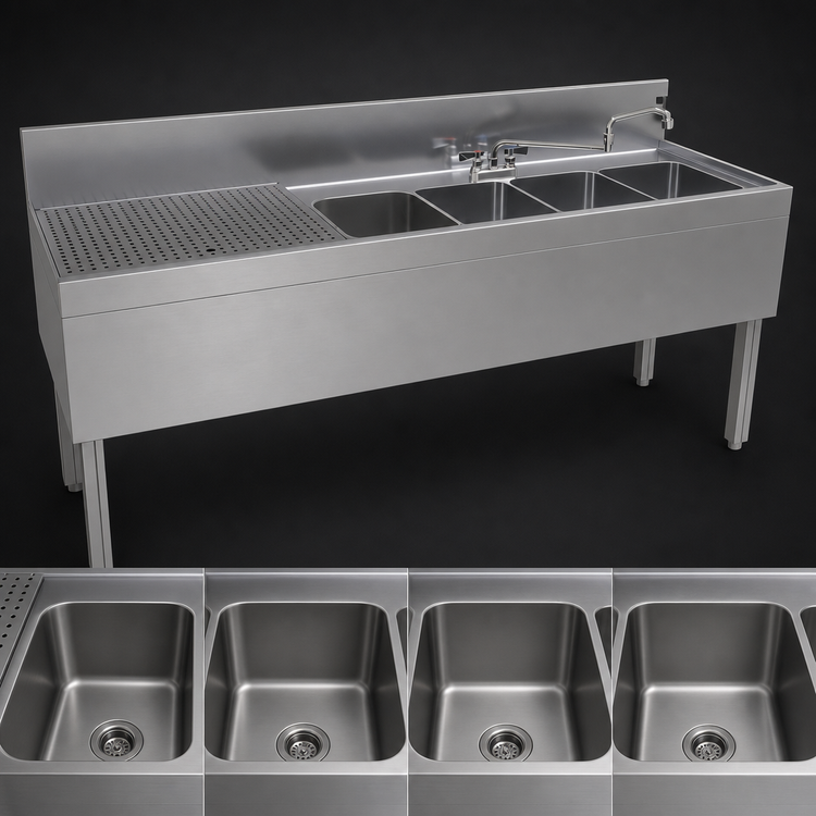Product image #3 for Glastender Four-Compartment Stainless Steel Underbar Sink Unit with Left Drainboard, 72" W x 24" D