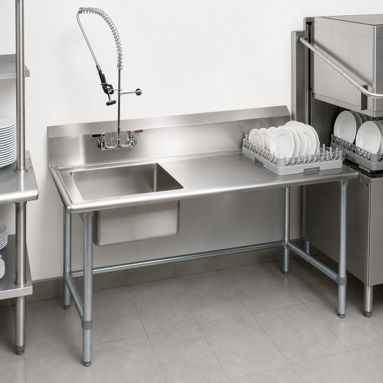 Product image #3 for BK Resources 26-Inch Straight Left-to-Right Soiled Dish Table with Pre-Rinse Sink and Galvanized Legs