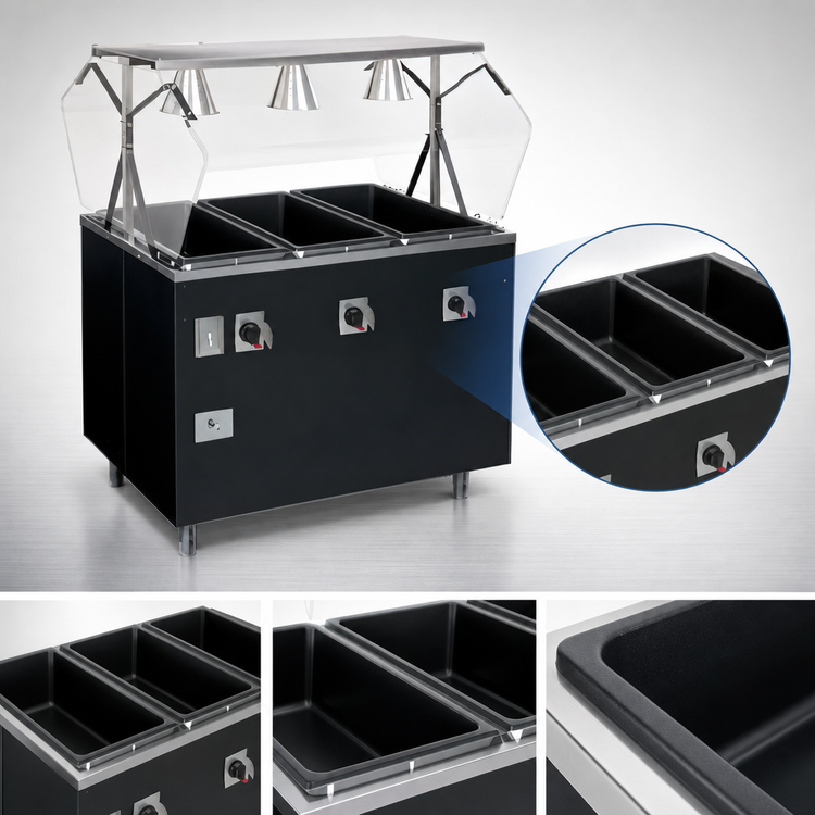 Product image #3 for Vollrath 2-Series Affordable Portable Deluxe 3-Well Mobile Hot Food Station with Illuminated Breath Guard and Enclosed Base