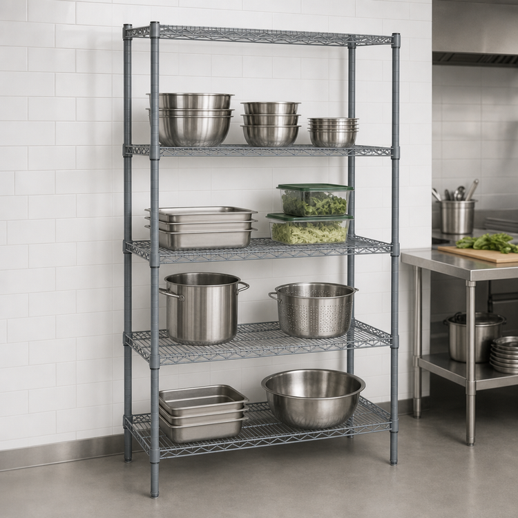 Product image #4 for Quantum 5-Shelf Stationary Wire Shelving Starter Kit, 60 x 24 x 86 in, Gray Epoxy Antimicrobial Finish