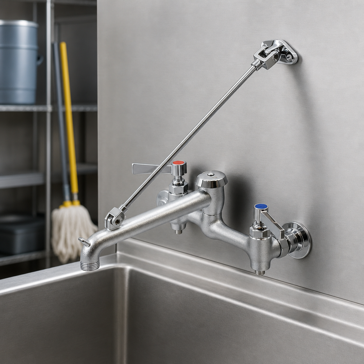 Product image #4 for Advance Tabco K-240 Heavy-Duty Wall-Mount Service Sink Faucet, 8" OC, Vacuum Breaker Spout