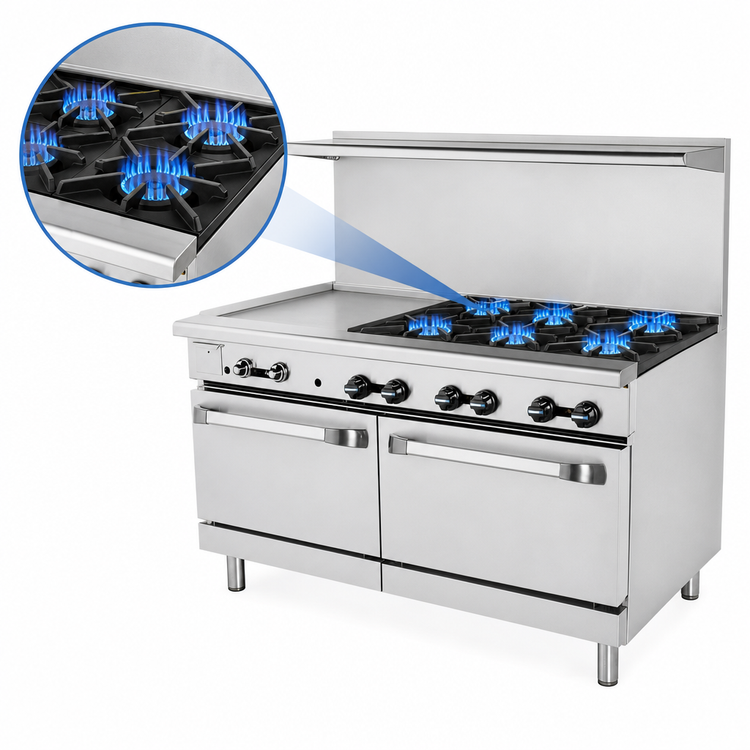 Product image #3 for Bake Tech Innovation Radiance 60-Inch Gas Restaurant Range with 6 Open Burners, 24-Inch Left Griddle and 2 Standard Ovens