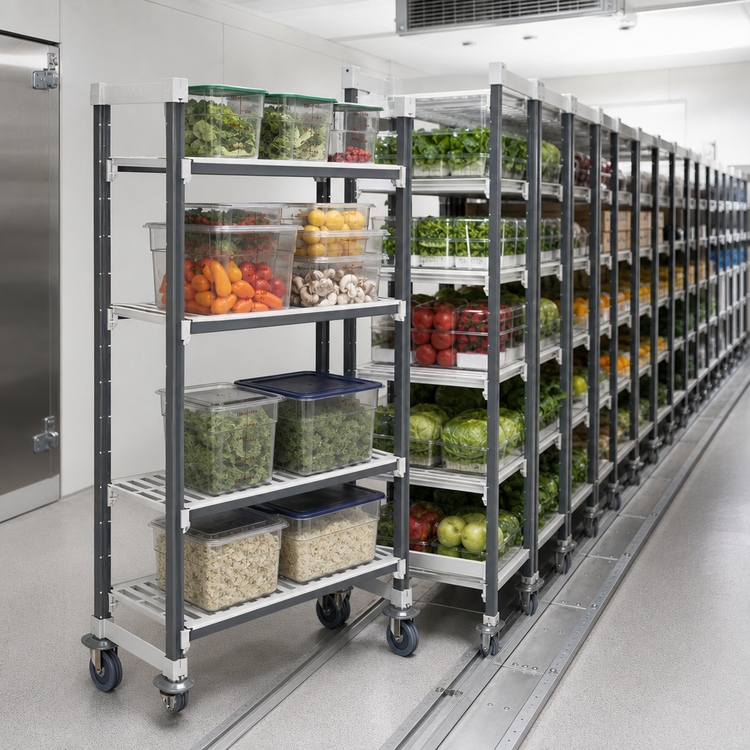 Product image #3 for Cambro Camshelving Elements XTRA High Density Mobile Starter Unit, 18" x 54" x 78-1/4", 4-Tier Vented Shelving, Speckled Gray