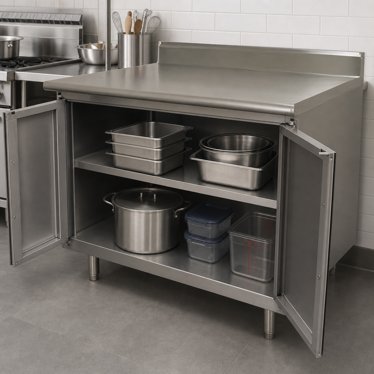 Product image #3 for Advance Tabco Special Value Economy Enclosed Work Table with Cabinet Base and Hinged Doors, 48 x 24 Inches, 16-Gauge 304 Stainless Steel Top, 5-Inch Backsplash