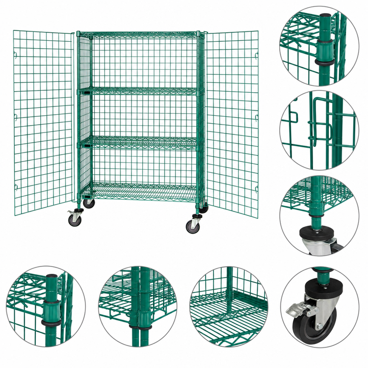 Product image #3 for Quantum Mobile Open-Wire Security Cage, 60 W x 24 D x 69 H, Green Epoxy, 2 Intermediate Shelves