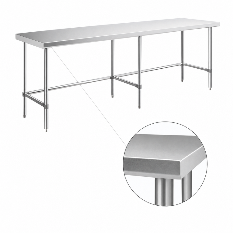 Product image #3 for Sapphire 120-Inch x 36-Inch 18/430 Stainless Steel Flat Top Work Table with Open Base, Beveled Square Edge, and 6 Legs