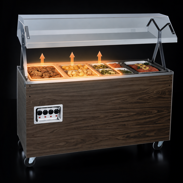 Product image #3 for Vollrath 2-Series Affordable Portable 3-Well Mobile Hot Food Station with Buffet Breath Guard, Lights, and Enclosed Storage Base