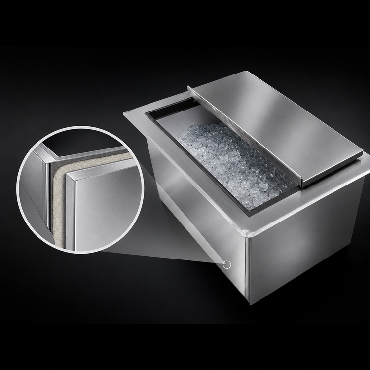 Product image #3 for Steel Works Stainless 18 Inch x 18 Inch Insulated Drop-In Ice Bin with Sliding Cover, 65 lb. Capacity
