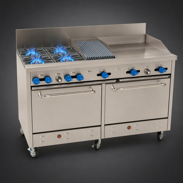 Product image #3 for Comstock-Castle 60-Inch Commercial Gas Range with 4 Open Burners, 24-Inch Raised Griddle, 12-Inch Char-Broiler, and 2 Standard Ovens