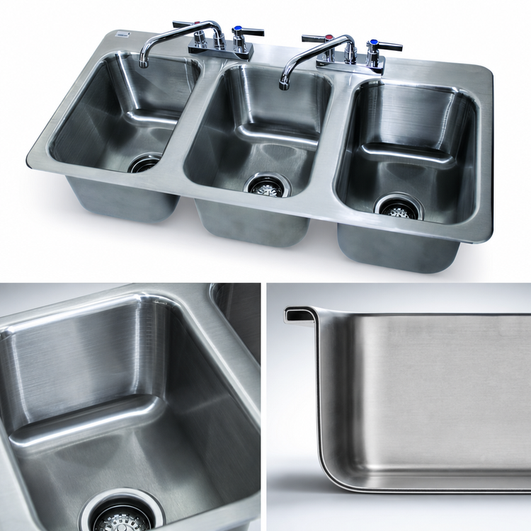 Product image #3 for Advance Tabco Three-Compartment Drop-In Stainless Steel Sink with Faucets and Basket Drain, 10 x 14 x 10 Inch Bowls
