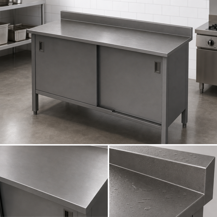 Product image #3 for John Boos Enclosed Work Table with Hinged Door Cabinet Base, 132 x 24 Inches, 14 Gauge 300 Series Stainless Steel Top, 5 Inch Backsplash
